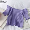 ヘリヤール女性オフショルダーTシャツ編み物ティーズTシャツの縞模様のフリル裾綿の半袖ティーレディース2021夏G220228