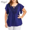 Plegie 플러스 사이즈 레이스 패치 워크 셔츠 여성 탑 및 블라우스 짧은 소매 큰 크기 Blusas Femininas Blusas Mujer de Moda LJ200810