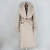 OFTBUY Neue Xlong Kaschmir Wolle Mischungen Echt Pelzmantel Gürtel Winter Jacke Frauen Natürliche Pelz Kragen und Manschetten Streetwear 201016