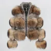 OftBuy New Real Fur Coat Winter Jacket Women Natural Raccoon Fur Weave Wool Fabric Stand Collar Plaid Outerwear Streetwear