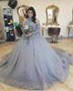 2022 Vintage Quinceanera klänningar Bollklänning halter silver grå spetspärlor blommor långa ärmar plus storlek formell parti prom kväll 9992864