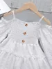 Girls Shirred Frilled Cold Shoulder Flounce Sleeve Ruffle Hem Chiffon Dress SHE