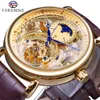 Forsining 2021 Horloges Gouden Skeleton Display Blauw Handen Bruin Lederen Riem Mens Mechanische Horloges Klok Male11