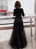 Suknie wieczorowe Vestidos de Noite Preto Lantejoulas Com DeCot EM V Brilho Elegante Pouco A Linha Tule Longo Feminino Formalna Festa de Formatura