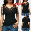 Personlighet Mode Kvinnor Kall Skulder Rund Neck T-shirts Sommar Kortärmad Floral Lace Slim Tee