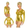 Stretch Shiny Metallic Women Long Sleeve Bodysuit Wet Look Front Zipper Skinny Jumpsuit Nightclub Party Pole Dance Short Catsuit1