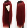 Red Wigs Full Neat Bangs Long Silky Straight Wig Heat Resistant Synthetic Fiber Hair Dark Roots Ombre Color Glueless Full Machine Made