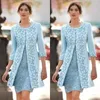 Elegant 2022 Light Blue Mother of the Bride Lace Party Dresses with Jacket Jewel Neck Sheath Floral Lace Satin Short Wedding Guest Dress