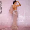LovElemonade Sexy Rose Gold V-Neck Único Sleeve Lantejoulas Split Party Maxi Dress LM81848 220112