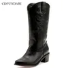 Черные западные ковбойские ботинки для женщин высокие каблуки дамы осень зимняя длинная обувь широкие сапоги с теленками Супер Размер 201116