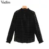 Women Chic Houndstooth Blus Transparent Style Long Sleeve See Through Shirt Female Stylish Black Tops Blusa LB514 T200322