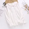 Printemps Femmes Peter Pan Col Coton Chemise Blanche Avec Cravate À Manches Longues Chemisier En Dentelle Automne Solide Doux Mignon Filles Tops T0 220311