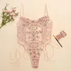 Yimunancy 꽃 Embrodiery 레이스 바디 수트 여성 레이스 업 투명 스키니 바디 수트 2020 Ladies Teddies Bodsyuit Body Femme