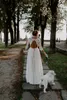 2020 Beautiful Bohemian Beige Lace Open Back Wedding Dress with Sleeves Vintage Boho Beach Wedding Dresses Country Plus Size Bridal Gown