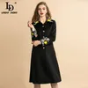 LD LINDA DELLA Designer de mode d'hiver Vintage manteau noir femmes élégante fleur broderie Outwear laine long pardessus LJ201106