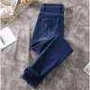 Kvinna jeans plus storlek mjuk thinck sammet vinter varm byxor hög midja patch arbete stretch magy penna byxor denim damer lj201030