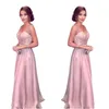 Elegante blush rosa vestidos de noite longo 2022 aline sexy cintas v pescoço principal beading festa de formatura tapete vermelho vestido meninas pageant gow7081683