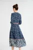 Women's Runway Dress O Neck Long Sleeves Floral Printed Sexy Keyhole Fashion Designer Mid Dresses