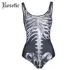 ROSETIC GOTHIC BODYSUITS Kvinnor Sommar Svarttryck Skull Ben Tunna Rompers Shorts Swimwear Fashion Sexy Harajuku Goth Bodysuits T200701