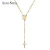 Luxusteel Rosário Bead Cross Pingente Colar de Aço Inoxidável Corrente Longa Jóias Mulheres / Homens Collares Inoxidable