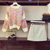 Fall Winter New Contrast rainbow rhombic knit Sweater + Sexy Short Tweed Skirts Womens Elegant Skirts Two-piece Set Female 201027