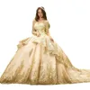 Långärmad Sweet 16 Guld Lace Quinceanera Klänningar Långtåg Boll Gown Vestidos Para 15 Vestido de XV Años 2022 V Nacke Brithday Party Wear Prom Afton Dress