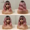 Hair Easi Bob Ombre Pink Wavy with Bangs Natural Synthetic Curly Hairs for Women Heat Resistant Daily Cosplay Lolita 220301