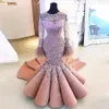 Dusty Rosa Beading Mermaid Prom Klänningar Saudiarabien Sheer Long Sleeves Spets och Satin Evening Gowns Dubai Robe de Soiree