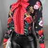 여성 캐주얼 가을 턴 다운 칼라 세련 된 쉬폰 블라우스 넥타이 넥 플로랄 긴 소매 숙녀 셔츠 220217