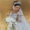 Luksusowe Bling White Mermaid Suknie Ślubne 2021 Arabia Saudyjska Odwiedzaj przez Koronkę Z Długim Rękawem Księżniczka Boho Wedding Suknia Zroszony Robe De Mariee