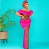 Fuchsia Aso Ebi robes De soirée africaines grande taille volants sur l'épaule robes De bal sirène étage longueur Dubai Robe De soirée