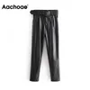 Aachoae Femmes Chic Noir PU Faux Pantalon En Cuir De Mode Taille Haute Poches Dames Pantalon De Bureau avec Ceinture Casual Pantalon Plissée 201118