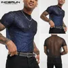 Men's T-Shirts INCERUN Men Short Sleeve Round Neck T Shirts Casual Mesh Thin T-shirt See Through Shiny Blouse Breathable Party Nightclub Top