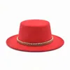 새로운 클래식 솔리드 컬러 플랫 탑 중산 모자 양모 Fedora 모자 여성을위한 와이드 브림 재즈 모자 우아한 레이디 파나마 모자