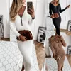 Womens Rits V-hals Skinny Jurken Mode Trend Lange Mouw Put Breien Trui Lengte Rok Designer Vrouwelijke Lente Casual Slanke Jurk