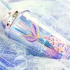Electroplated Glitter Water Cup Creative Straw Mermaid Plastic Cup Double-Layer Reusable Tumbler Mug with Mermaid Patterns 420ml