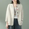 Nueva llegada Primavera Verano Estilo de artes Mujeres de manga larga sueltas chaquetas casuales abrigos de algodón bordado de lino abrigo vintage S923 201109