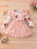 Bebê floral impressão plissado guarnição bodysuit pinafore saia ela