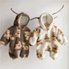 Winter born Baby Cartoon Bear Print Fleece Thicken Rompers Hooded Infants Boy Warm Clothes Kids Toddler Girls Jumpsuits 211229