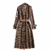 European and American women's winter clothing new Long sleeve lapel Leopard print lace-up Trench coat 201226