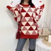 Frauen-Winter-roter und weißen Pullover und Pullover Oneck Geometric Knit Jumper lange Hülsen-Patchwork Maxi-Knit Tops