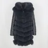 OftBuy New Brand Long Winter Jacket Women Real Fur Coat NaturalFox Fur Hooded本革のスリーブアウターウェアストリート