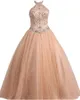 Handmade Halter Линия Платья Quinceanera 2020 Разголовая длина пол Tulle Appliques Sweet 16 Long Вечерняя вечеринка Prom Prom Prom Vestidos de 15 Anos