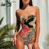 I X Push Up Bikini 2020 Print High Cut 1PC Swimsuit Strapless Female Bandeau Sexig badkläder Kvinnor Monokini Baddräkt T200708