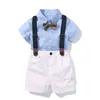 아기 소년 의류 셔츠 활 세트 생일 공식 정장 여름 신생아 소년 옷 파란색 셔츠 탑 + 서스펜 바지 복장 LJ200831