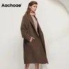 Aachoe Solid Color 100% Wełny Długi Płaszcz Kobiety Luźne Dorywczo Z Długim Rękawem Sashes Odzieży Outerwear Podwójne Kierowane Chic Damska Płaszcz LJ201110