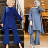 Etniska kläder muslimska kvinnor långa toppar islamiska uppsättningar blå grå byxor abayas dubai 2021 kalkon outfit ramadan bönkläder 2 bit302h