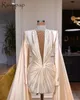 Длительное вечернее платье 2020 прозрачные высокие шеи с длинным рукавом жемчужины слоновая кость сатин Дубай женщины короткие формальные вечерние платья с длинной шалкой LJ201118