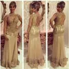 2022 Lange mouwen Prom Jurken Mermaid Sheer Backless Gold Applique Kant Jurken Party Avondjurken Tule Plus Size Formele Pageant Jurk