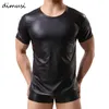 PU Deri T Shirt Erkekler Seksi Spor Gay T-Shirt Tops Tees Erkek Sahne O-Boyun Rahat Giysileri KG-187